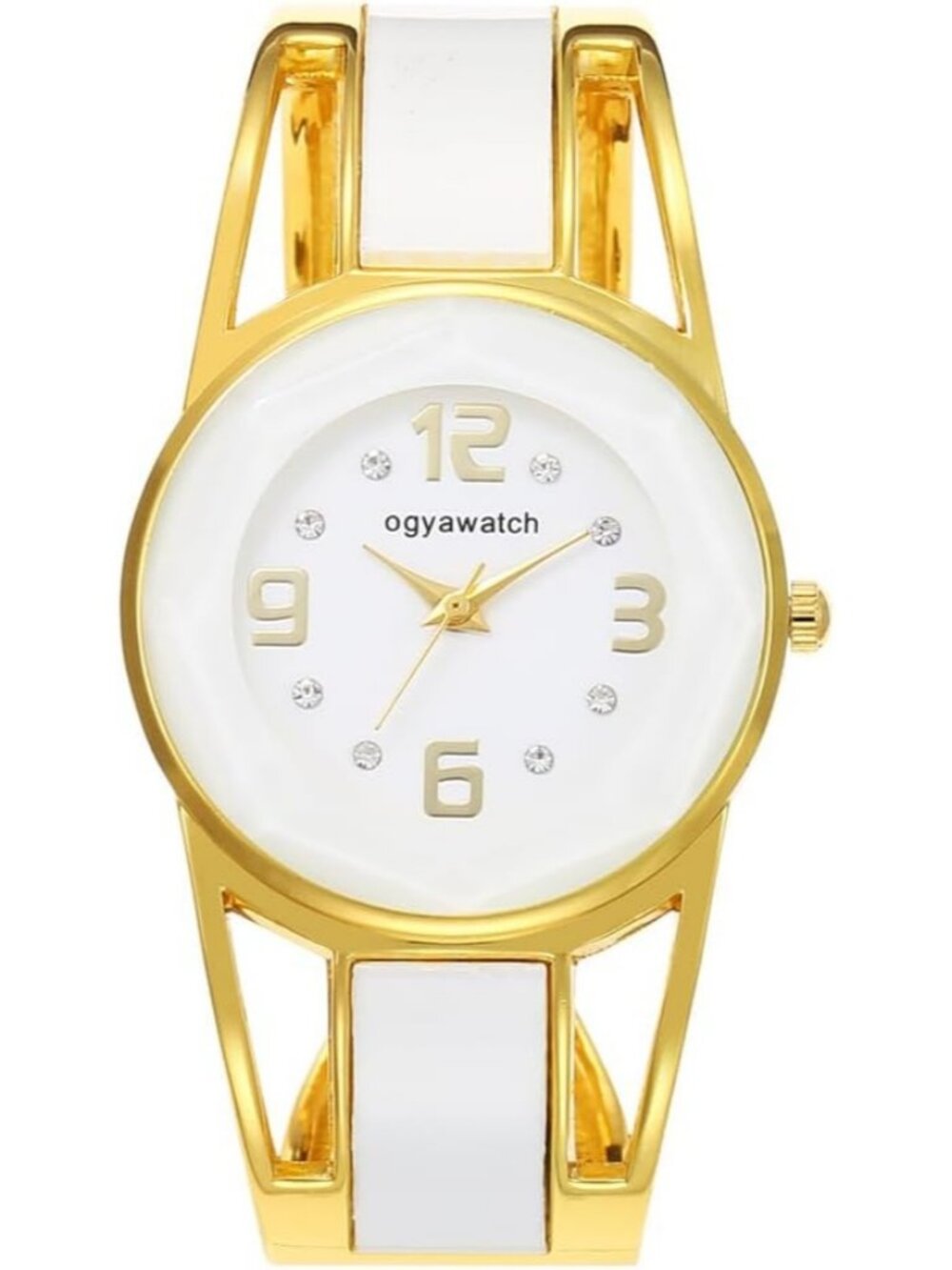 Women's White Simple Round Dial Crystal Cuff Bangle Bracelet Analog Quartz Watch